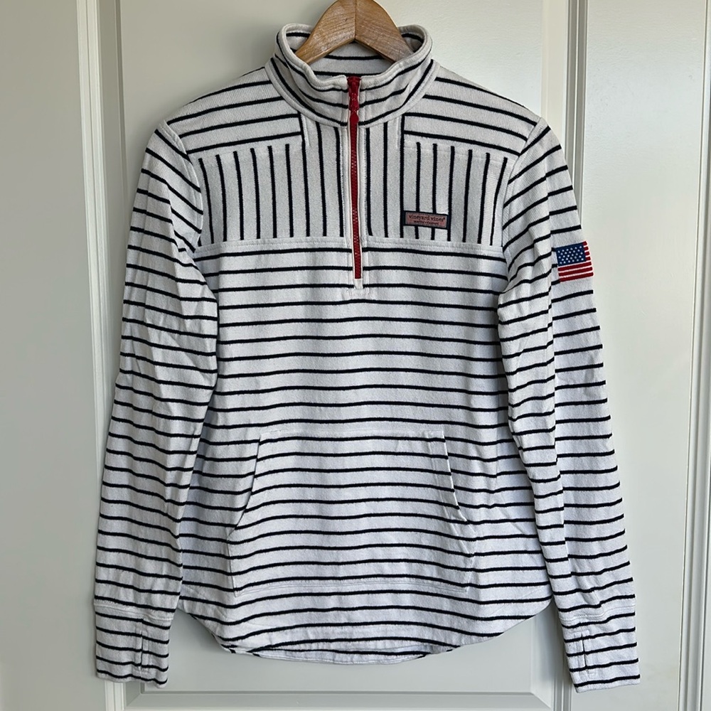 Vinyard Vines 1/4 Zip Sweatshirt sz XS Women's Cotton White Blue Stripes USA 4th